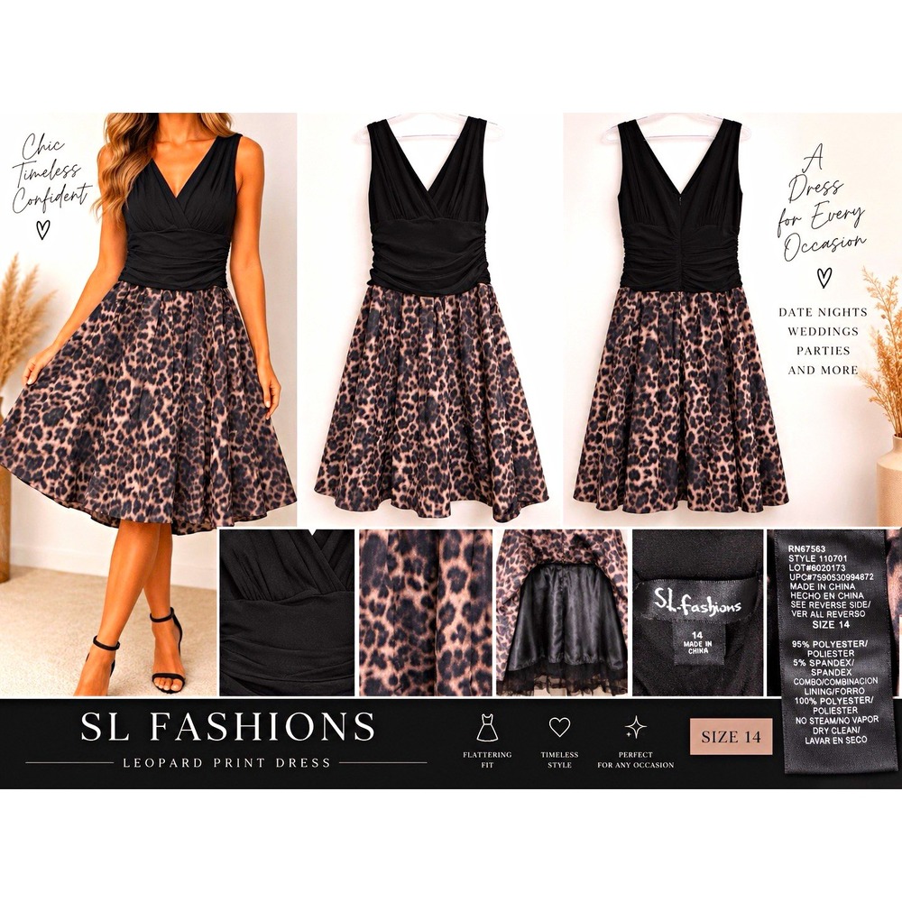 S.L. Fashions Black Leopard Ruched V-Neck Sleeveless Fit & Flare Dress 14